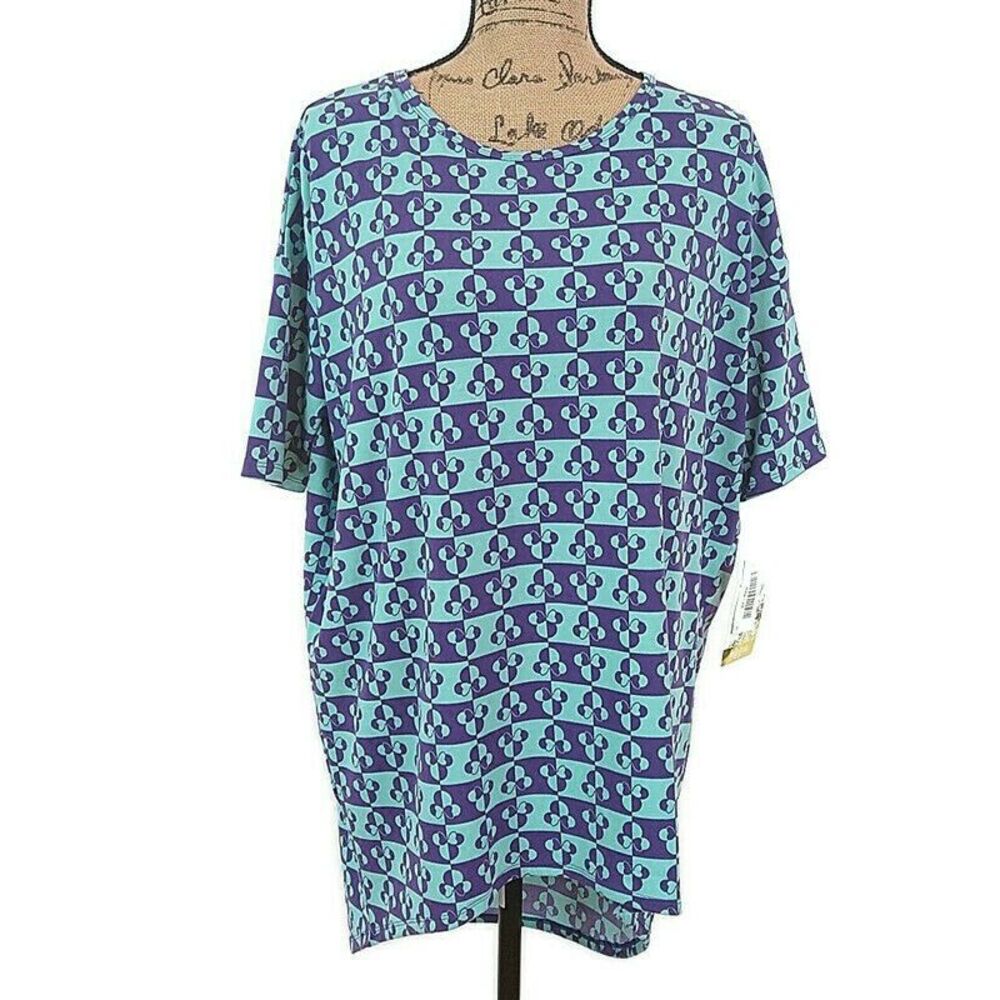 💥5/$25 NWT LulaRoe XS Irma Top Blue Disney Mickey Mouse Half Sleeve Hi Low Hem‎